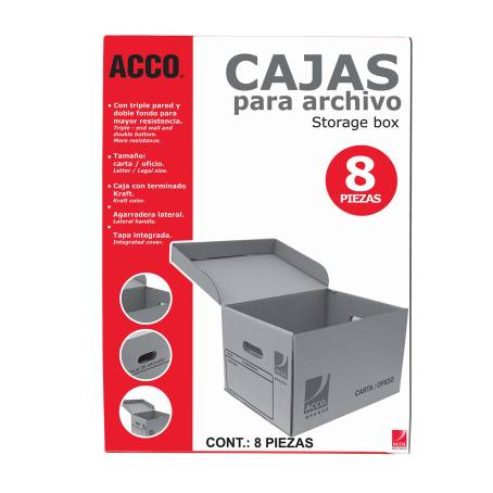 Caja de archivo oficio ACCO hecha de car Practica asa que facilita el traslado de archivos, incluye etiqueta impresa para fácil identificación o rotulación, con tapa integrada, fácil de armar, espesor 3mm, medida: 25 x 36 x 62 cm                                                                    tón corrugado kraft                      - P1018