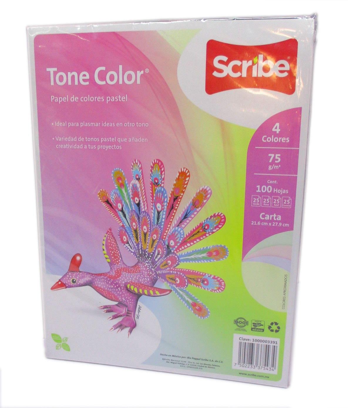 Tone color scribe 100 hojas mix Papel de color mix pastel 75g paquete de 100 hojas. Scribe tone color. Cumple: NOM-050-DCFI-2004 y NOM-144 - SCRIBE TONE COLOR