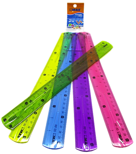 Regla flexible mae de 30cm 1 pieza       Regla de plastico flexible, colores surtidos: verde, azul, amarillo, morado y rosa, no toxico, graduacion en centimetros y pulgadas                                                                                                                             .                                        - RF-30