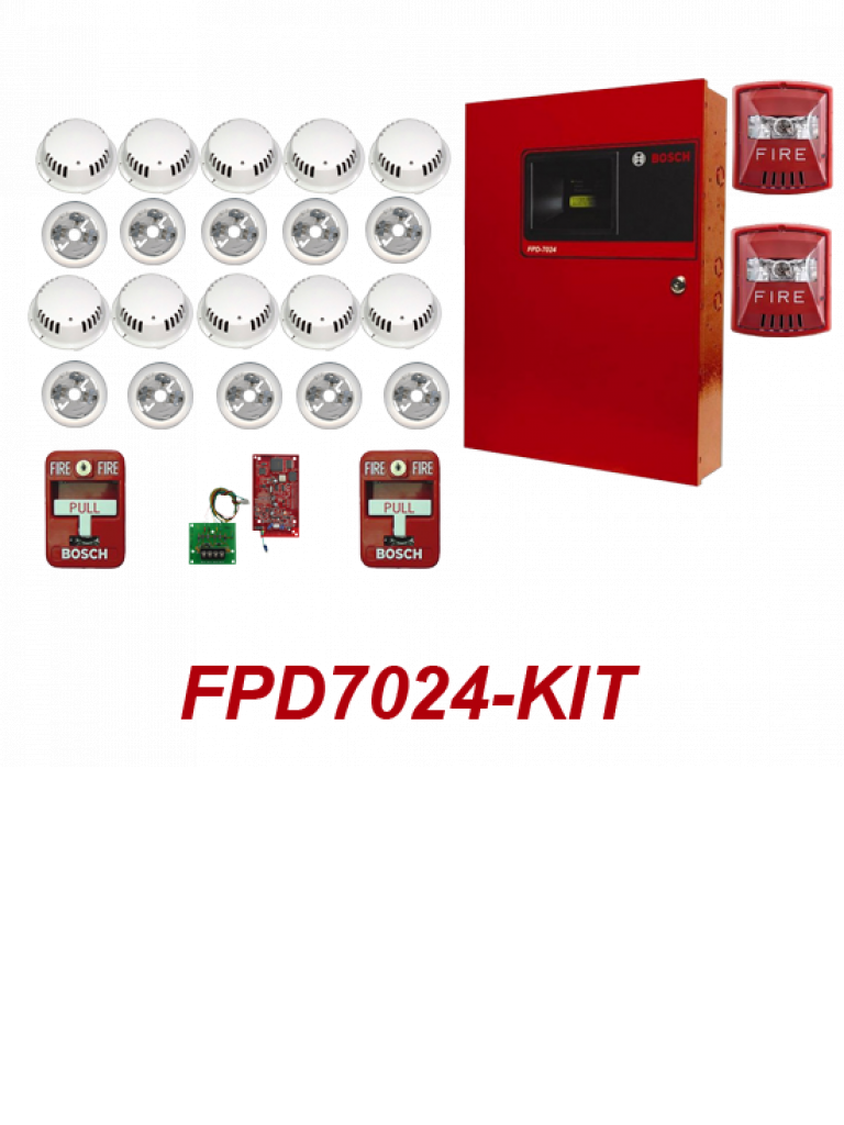 BOSCH F_FPD7024KIT - Panel con tarjeta direccional / 10 Detectores de humo con bases / 2 Estaciones manuales / 2 Sirena ESTROBO / 1 FPE-7039- Módulo de expansión - BOSCH