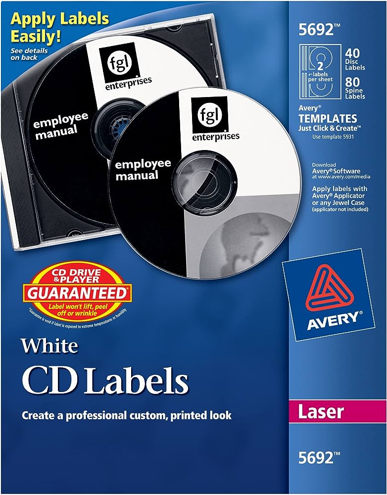 Etiqueta para cd tecnología laser AVERY  Con 40 etiquetas y 80 etiquetas para lomos                                                                                                                                                                                                                      color blanco                             - AVERY
