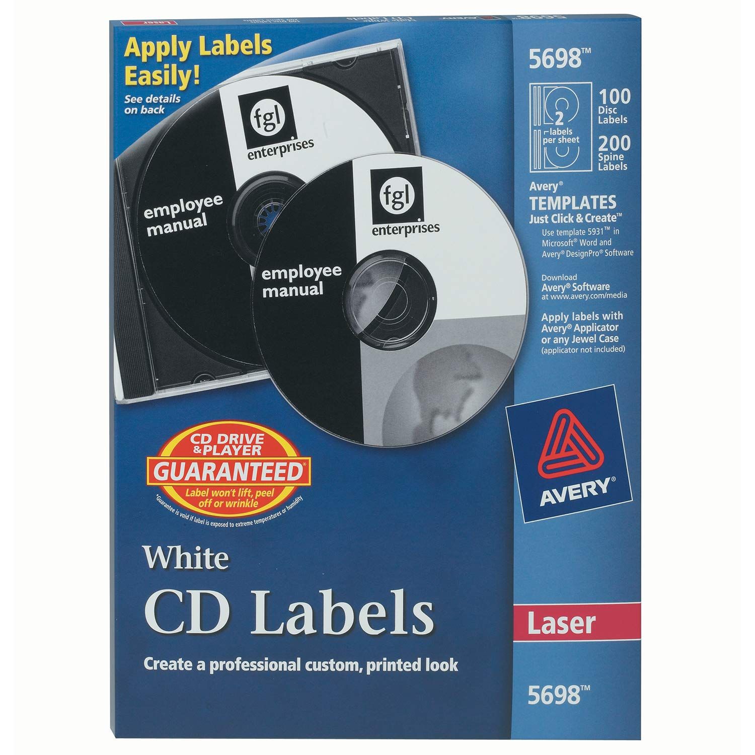 Etiqueta para cd tecnología laser AVERY  Con 100 etiquetas y 200 etiquetas para lomos                                                                                                                                                                                                                    color blanco                             - 05698