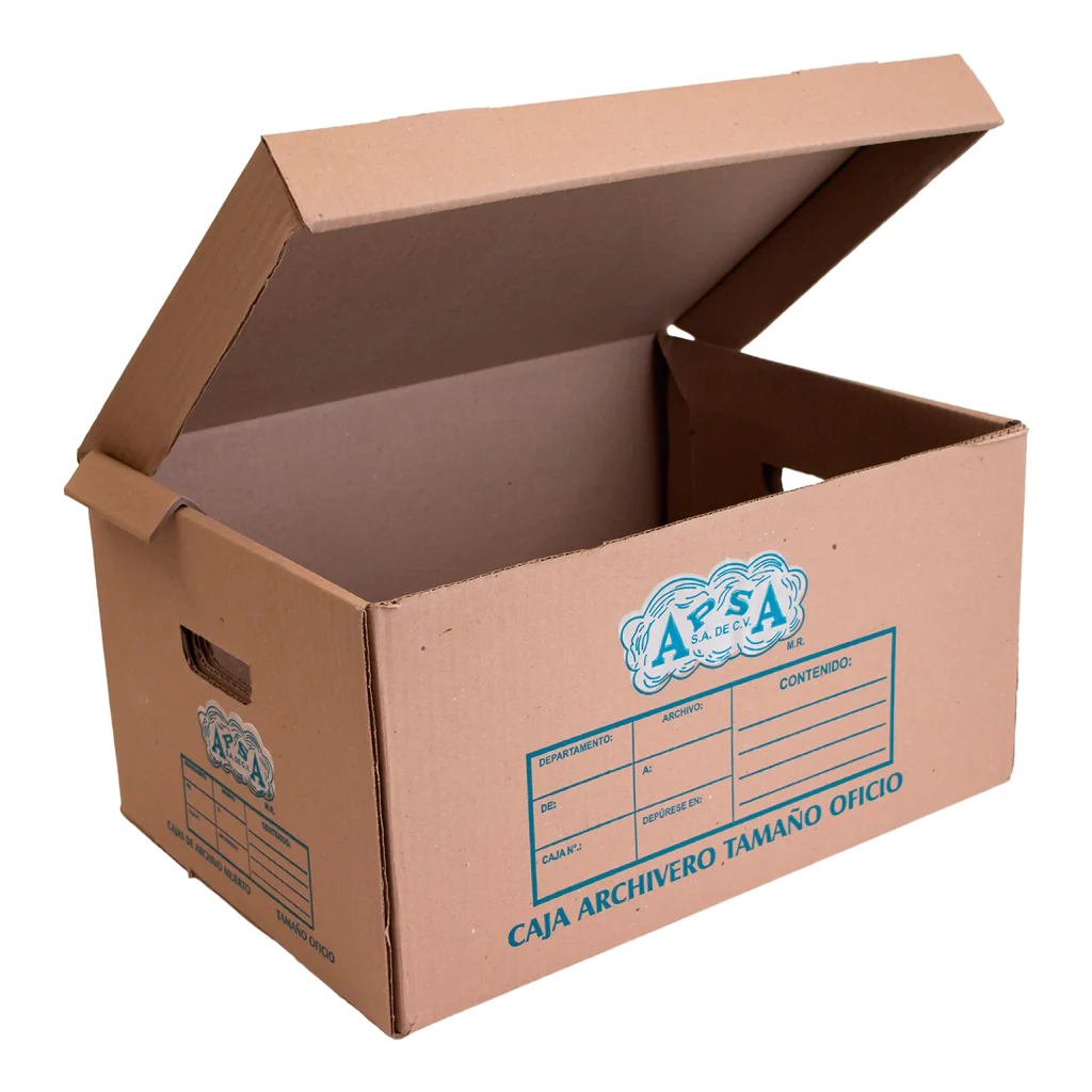 Caja de archivo  kraft APSA tamaño carta Práctica asa que facilita el traslado de los archivos, incluye etiqueta impresa para fácil identificación, tapa integrada, medidas 26 x 50 x 32 cm                                                                                                               caja de cartón corrugado                - APSA
