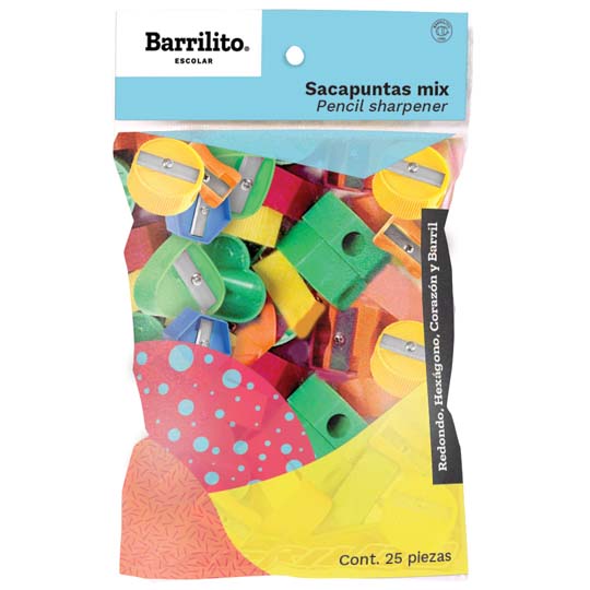 Sacapuntas de plástico 1 orificio Barril Cuerpo plástico, navaja metálica, diferentes formas y colores, bolsa con 25 piezas                                                                                                                                                                              ito de colores                           - SKD25