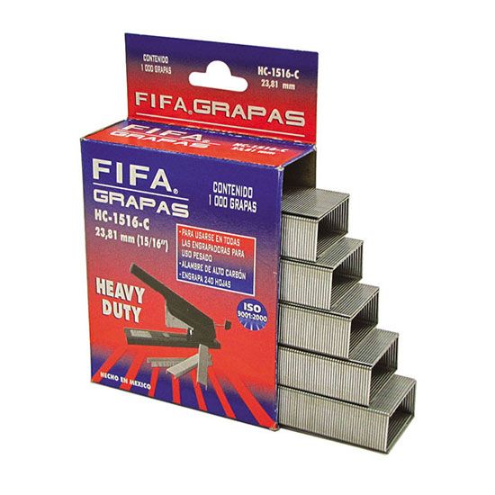 Grapas de uso pesado 9/16 FIFA Heavy Dut Capacidad de engrapado 110 hojas, para engrapadoras de uso pesado, alambre de alto carbón, largo de pata 14.29 mm, corona de 13.03 mm.                                                                                                                          y HC-916-C caja con 1,000 grapas         - P0076