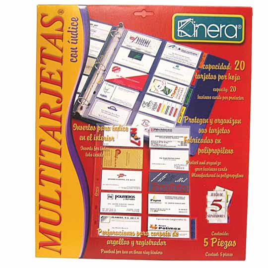 Multitarjeta con índice Kinera 3805 tama Capacidad de 20 tarjetas por hoja, hojas de polipropileno para almacenamiento de tarjetas de presentación, perforaciones laterales para carpetas, superficie antiadherente, lo levantan la impresión, fácil inserción.                                          ño carta caja con 5 pzas                 - KINERA