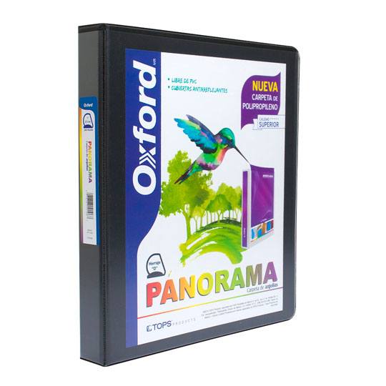 Carpeta panorámica Oxford carta negra de Triple arillo en forma de D, 1 pulgada, hecha con polipropileno, libre de PVC, no toxica, transferencia segura: no levanta tinta o toners de documentos, 3 ventanas externas personalizables, bolsas internas en ambas solapas, capacidad 240 hojas.            1" herraje "D"                           - OXFORD