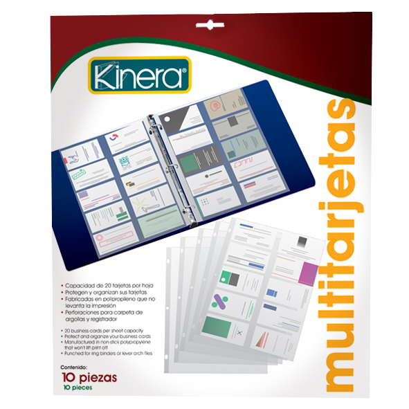 Multitarjeta Kinera 3810 tamaño carta ca Capacidad de 20 tarjetas por hoja, hojas de polipropileno para almacenamiento de tarjetas de presentación, perforaciones laterales para carpetas, superficie antiadherente, lo levantan la impresión, fácil inserción.                                          ja con 10 pzas                           - 302.3810
