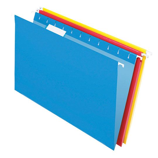 Folder colgante Pendaflex oficio colores Pre-doblez para expansión de 3.81 cm, entintado mas claro en interior, incluye jinetes plásticos transparentes y hoja de etiquetas, varillas recubiertas, 10% fibra reciclada y 10% post-consumo, colores: azul, amarillo y rojo, caja con 25 piezas.            surtidos caja con 25 pzas               - 93540