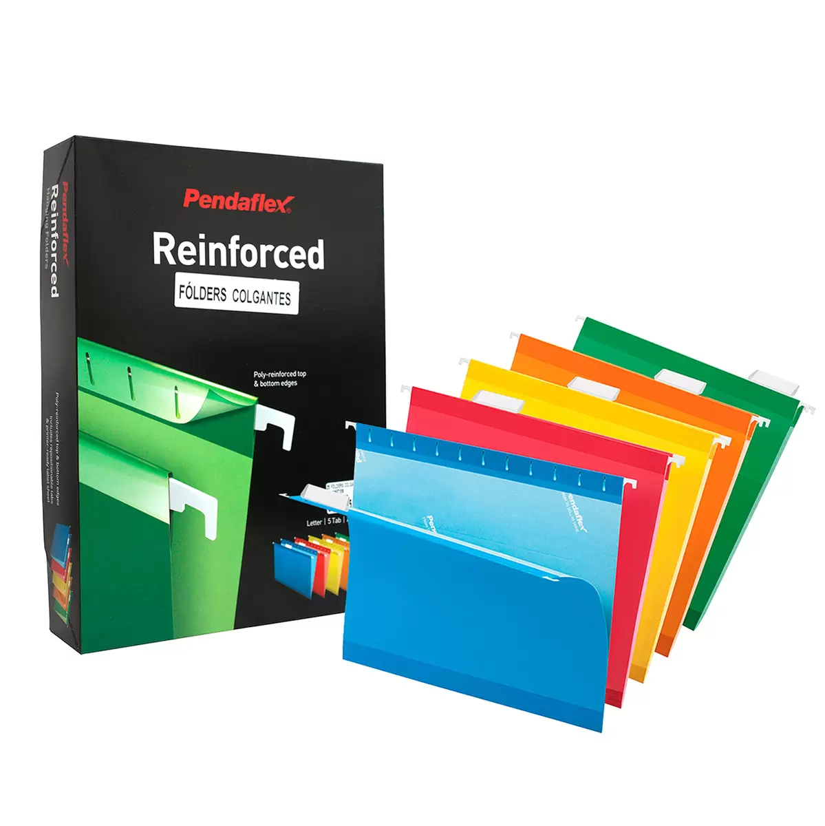 Folder colgante Pendaflex carta colores  Pre-doblez para expansión de 3.81 cm, entintado mas claro en interior, incluye jinetes plásticos transparentes y hoja de etiquetas, varillas recubiertas, 10% fibra reciclada y 10% post-consumo, colores: azul, amarillo y rojo, caja con 25 piezas.           surtidos caja con 25 pzas                - 92540