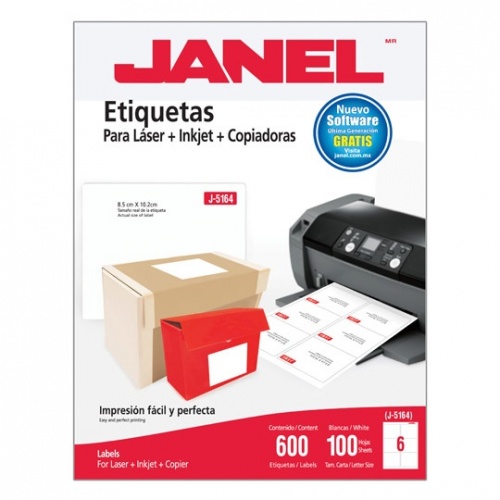 Etiqueta laser mod j-5164 blanca JANEL 8 Para marcar, señalar, identifica contenidos, administra archivos, paquetes, folders, etc. Construccion: papel bond de 70 gr/m2, liner (material base): papel glasin de 64 gr/m2 siliconado, recubrimiento: base silicon, adhesivo: acrilico base agua           5x102mm con 600 etiquetas                - JANEL