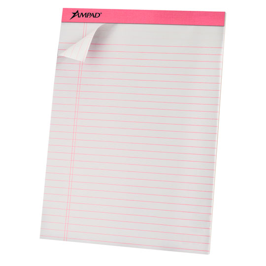 Block rosa Ampad carta rayado con 50     Papel de alta calidad, cartón rígido de 60 pts. en la parte de atrás, microperforados para un fácil desprendimiento, interlineado ancho, tamaño carta (21.5 x 29.8 cm), block con 50 hojas.                                                                     as                                       - 20-098