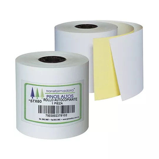 Rollo de papel autocopiante Pinos Altos  Rollo de papel autocopiante, centro tipo panal de plástico reciclado, medida: 57 x 60 mm, rápida impresión.                                                                                                                                                     57 x 60 mm 50 rollos a granel            - PINOS ALTOS