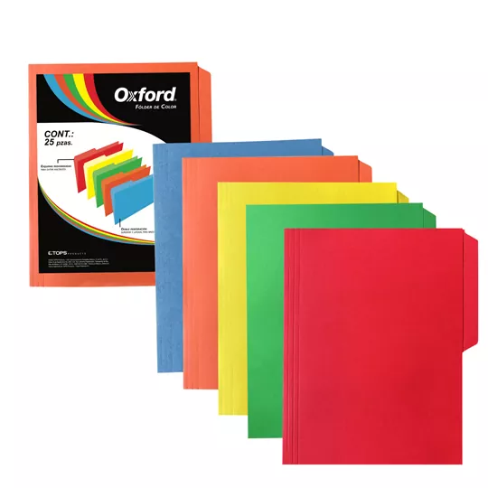 Folder de color Oxford carta colores sur Papel de color de 164 g, pre-suajado superior y lateral para broche de 8 cm, dobleces adicionales para expansión de hasta 2 cm, colores: amarillo, azul, rojo, verde y naranja, paquete con 25 piezas (5 de cada color). - M763 1/2 ASST