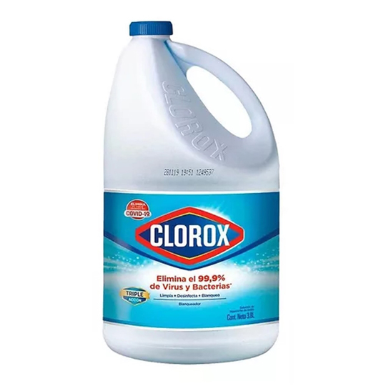 Blanqueador Clorox, cloro 3.8 Lt.        Limpia y desinfecta cualquier area. por su fórmula concentrada y maxima pureza, ayuda eliminando hasta el 99 por ciento de las bacterias que se alojan en el cuarto de baño, cocina, dormitorios, estancia, patios, etc.                                        .                                        - CLOROX