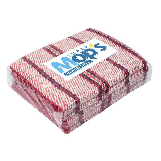 Jerga de algodón Super mops color roja   Paquetes con 6 jergas de algodón cortadas, ribeteadas y empacadas. color rojo, medida: 1 metro de largo x 60 cm de ancho, (100 x 60 cm).                                                                                                                        .                                        - MOPS185