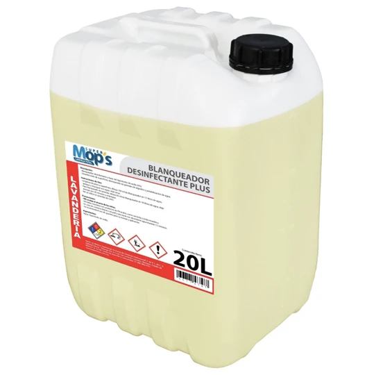 Blanqueador Super mops, cloro 20 Lt.     A base de hipoclorito de sodio al 6.0 por ciento. ideal para desinfección de superficies y blanqueado de prendas de algodón.                                                                                                                                    .                                        - MOPS474
