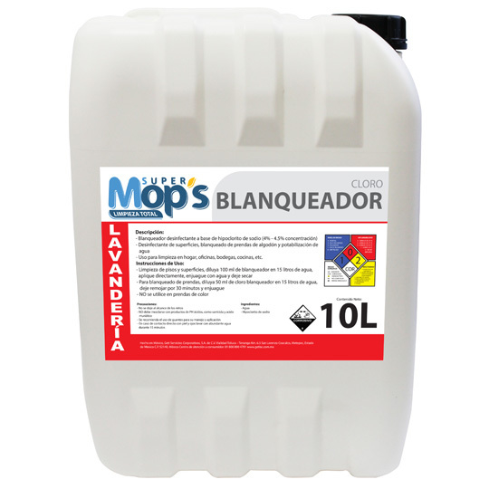 Blanqueador Super mops, cloro 10 Lt.     A base de hipoclorito de sodio al 6.0 por ciento. Ideal para desinfección de superficies y blanqueado de prendas de algodón.                                                                                                                                    .                                        - MOPS473