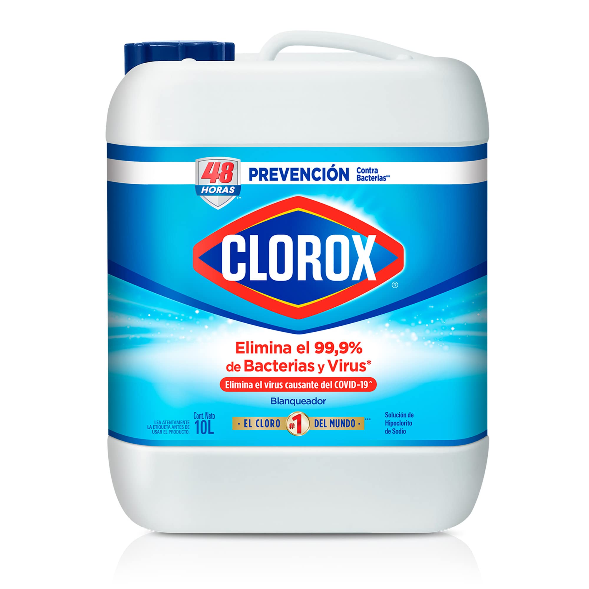 Blanqueador Clorox, cloro 10 Lt. Que limpia y desinfecta cualquier area. por su fórmula concentrada y maxima pureza, ayuda eliminando hasta el 99 por ciento de las bacterias que se alojan en el cuarto de baño, cocina, dormitorios, estancia, patios, etc. - 901393