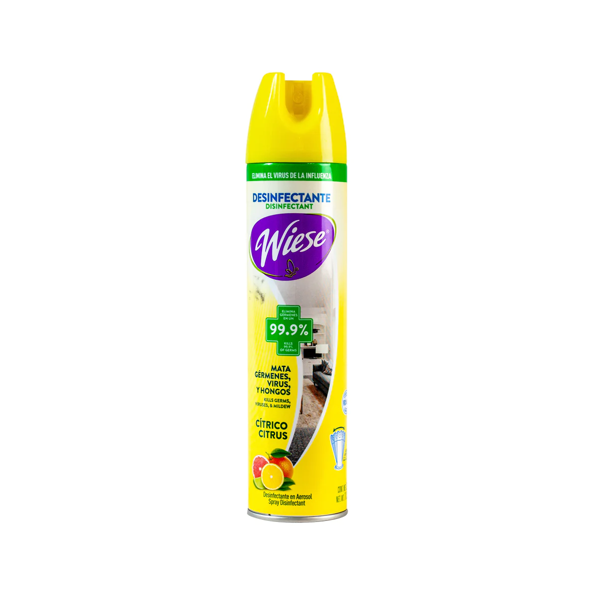 Aerosol desinfectante Wiese 323 gr.      Desinfectante elimina hasta el 99 por ciento de germenes, previene el moho, elimina bacterias causantes de malos olores. fragancia citrica                                                                                                                      .                                        - NAEHO52