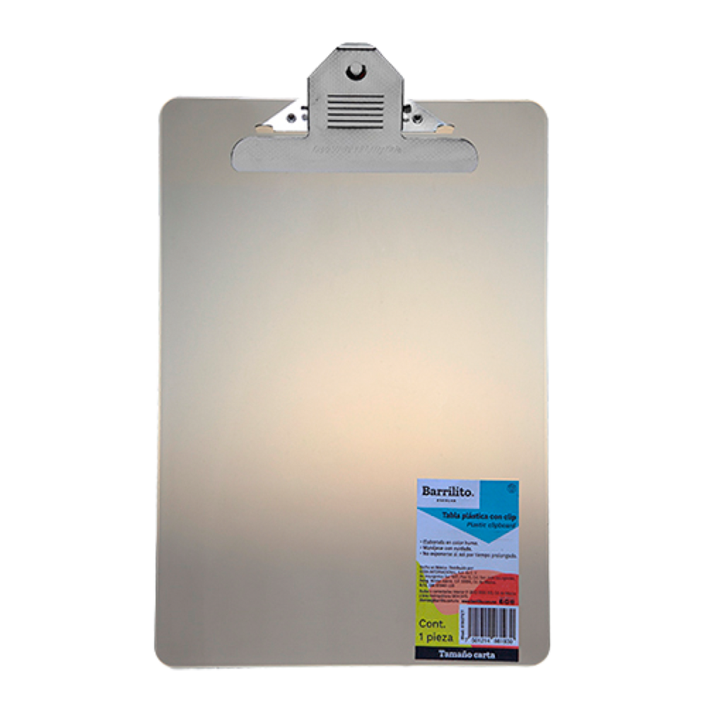Tabla plástica con clip carta Barrilito Capacidad hasta 200 hojas de papel bond, ideal para llevar documentos, tamaño carta, medida: 22.8 x 31.8 cm, base color humo traslucido, esquinas redondeadas - 8193TCT