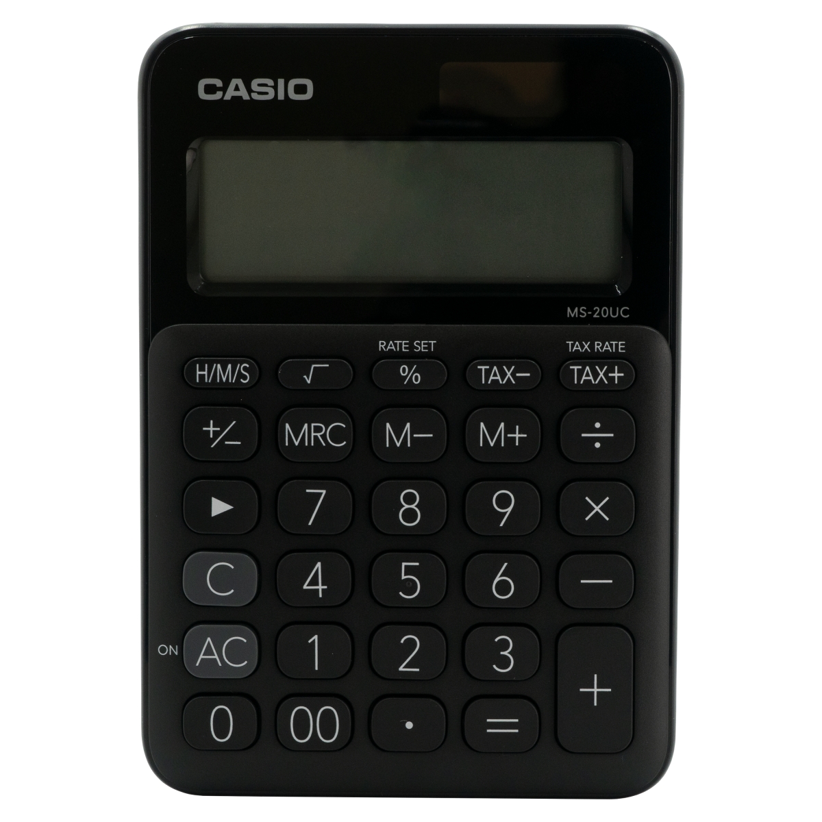 Calculadora de escritorio negra CASIO pa Conversión de h/m/s, cálculo de impuestos, cálculo de cambio, porcentaje regular, retroceso, marcador de coma cada 3 dígitos, key rollover: entrada de datos alta velocidad, alimentación pila + solar, dimensiones 22.1 x 104.5 x 149.5 mm                     ntalla larga de 12 dígitos               - MS-20UC-BK-S-EC