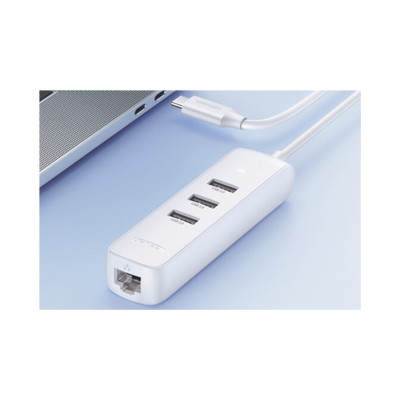 Adaptador tipo HUB USB-C a 3 USB 3.0 + RJ45 (100Mbps) Color Blanco <br>  <strong>Código SAT:</strong> 32101617 <img src='https://ftp3.syscom.mx/usuarios/fotos/logotipos/ugreen.png' width='20%'>  - UGREEN