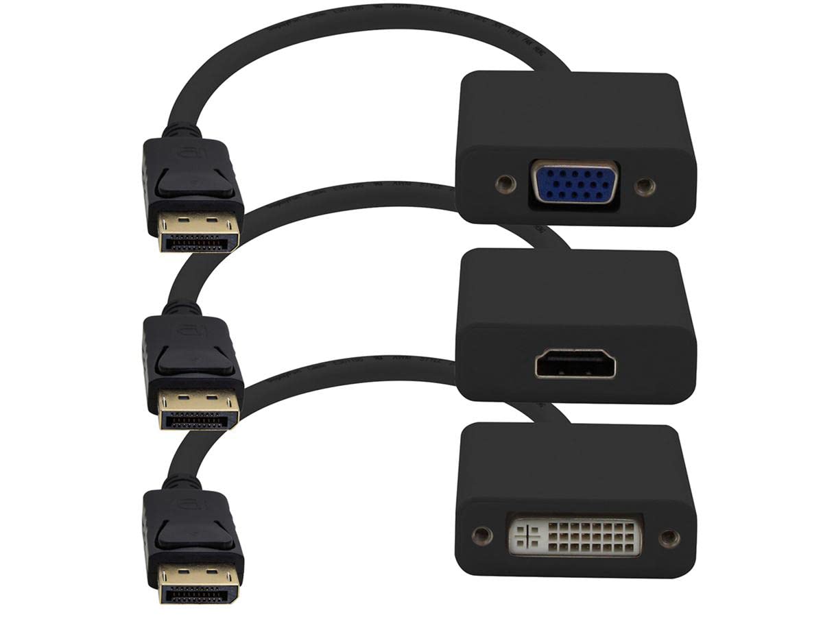 AddOn 3-Piece Bundle de 8 pulgadas DisplayPort macho a DVI, HDMI, y VGA Cables adaptadores negro hembra - DP2VGA-HDMI-DVI-B