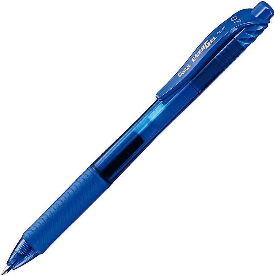 Bolígrafo Pentel energel, punto 0.7 mm ( Bolígrafo Pentel energel tinta azul de secado rápido, no mancha, punta metálica 0.7 mm (mediano), retráctil con clip, hecho de 84% material reciclado ,escritura suave y ligera, ideal para escritura rápida o zurdos                                           mediano), x tinta azul, 1 pieza          - BL107-C