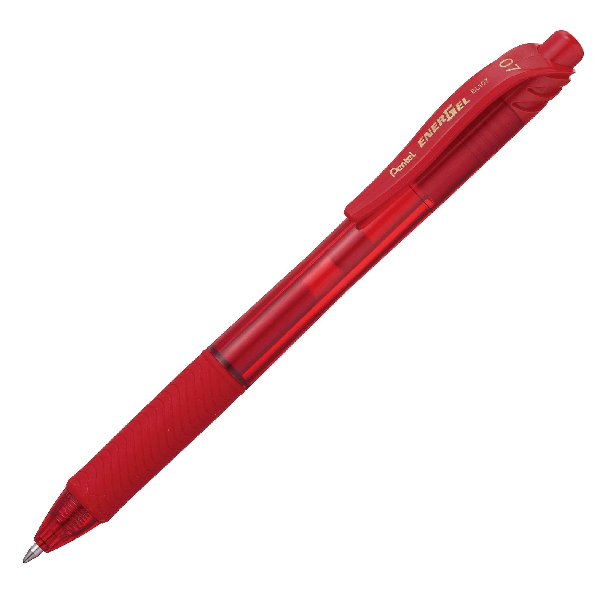 Bolígrafo Pentel energel, punto 0.7 mm ( Bolígrafo Pentel energel tinta negra de secado rápido, retráctil con clip, no mancha, punta metálica 0.7 mm (mediano), hecho de 84% material reciclado, escritura suave y ligera, ideal para escritura rápida o zurdos                                          mediano), x tinta roja, 1 pieza          - BL107-B