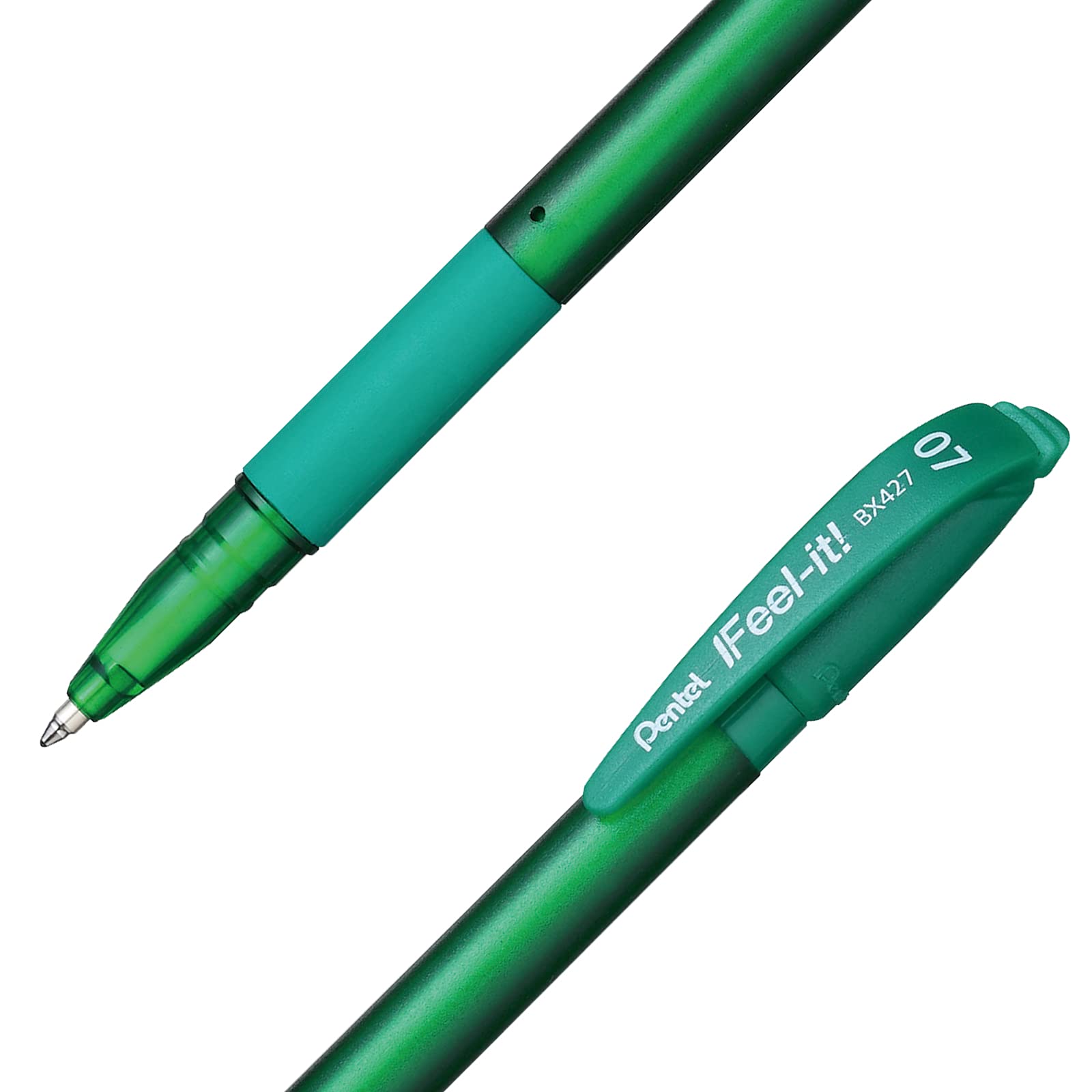 Bolígrafo Pentel feel it, punta 0.7 mm, Bolígrafo Pentel ifeel it, caja con 12 piezas, color verde, tinta de baja densidad que proporciona una suave escritura, con tapa y agarre de caucho, punta metálica de 0.7mm, el tono del cuerpo indica el color de la tinta - BX427-D