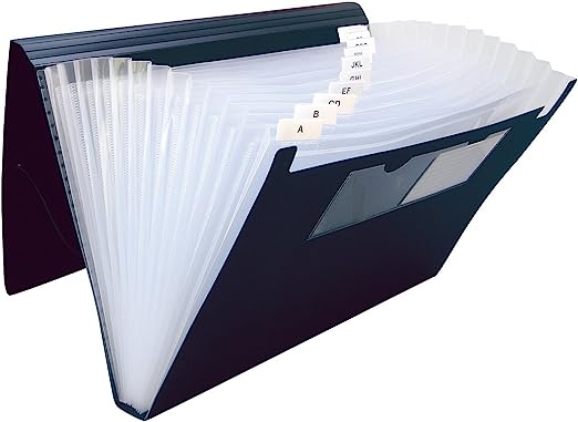Archivo expandible Oxford tamaño oficio  Mantiene documentos organizados, cierre elástico, 13 espacios, incluye etiquetas blancas para identificación de cada ceja, polipropileno de alta calidad, resistente a humedad y rasgaduras.                                                                    color negro                              - F068BK