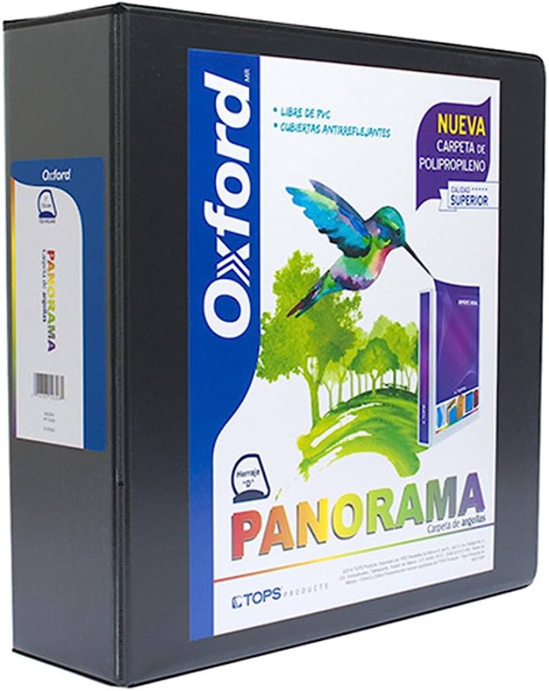 Carpeta panorámica Oxford carta negra de Triple arillo en forma de D, 3 pulgadas, hecha con polipropileno, libre de PVC, no toxica, transferencia segura: no levanta tinta o toners de documentos, 3 ventanas externas personalizables, bolsas internas en ambas solapas, capacidad 725 hojas.           3" herraje "D"                           - OXFORD