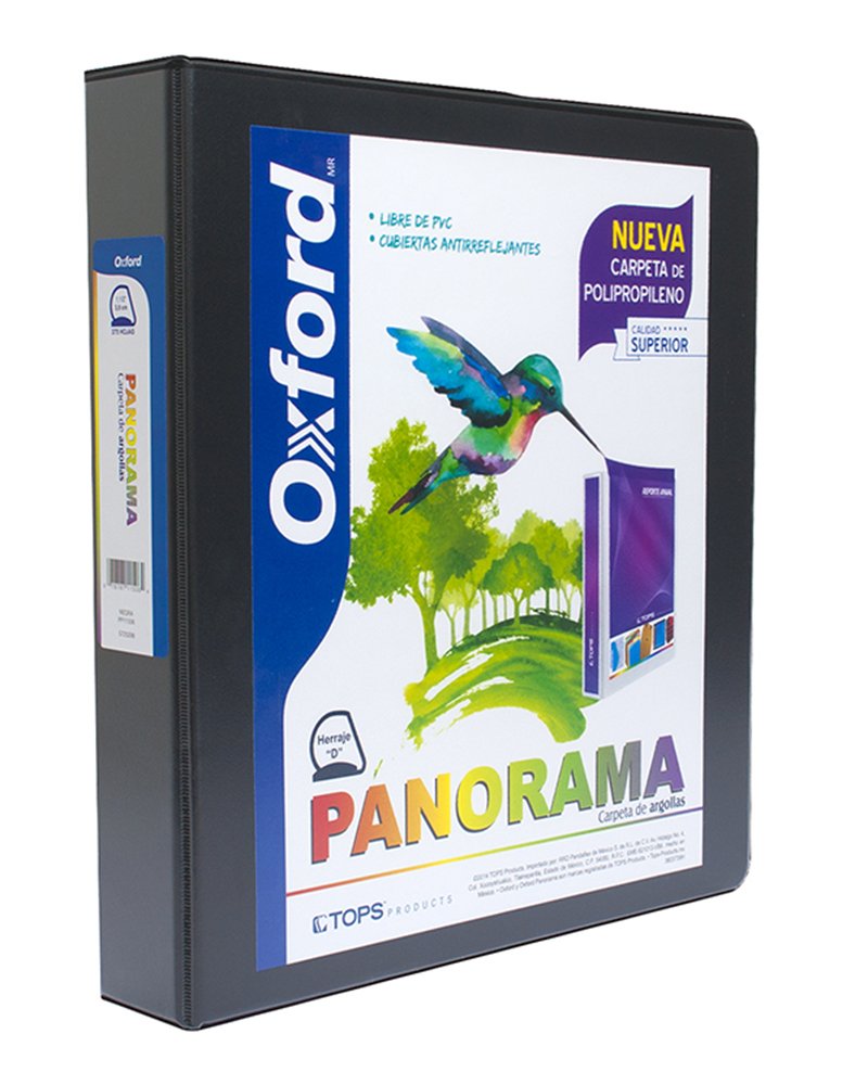 Carpeta panorámica Oxford carta negra de Triple arillo en forma de D, 1.5 pulgadas, hecha con polipropileno, libre de PVC, no toxica, transferencia segura: no levanta tinta o toners de documentos, 3 ventanas externas personalizables, bolsas internas en ambas solapas, capacidad 375 hojas.         1.5" herraje "D"                         - OXFORD