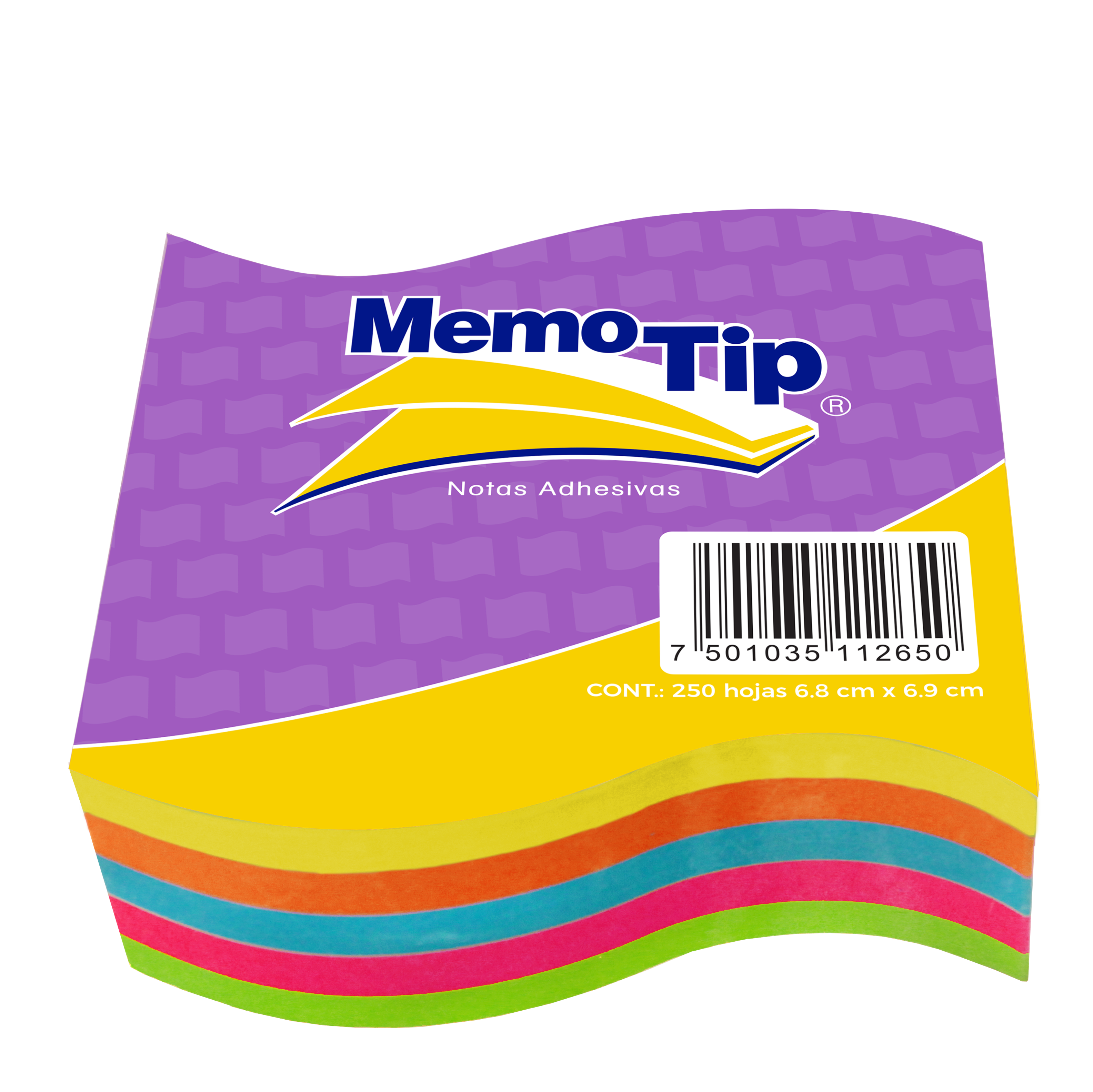 Memo tip forma bandera con 250 hojas de  Con 5 colores : verde, rosa, azul, naranja y amarillo, se aplican sobre cualquier superficie y se colocan una y otra vez sin dejar residuos.  Construccion: papel bond de 70 gr/m2, adhesivo: acrilico                                                          6.8 x 7.62 cm                            - 6600303BANDERA