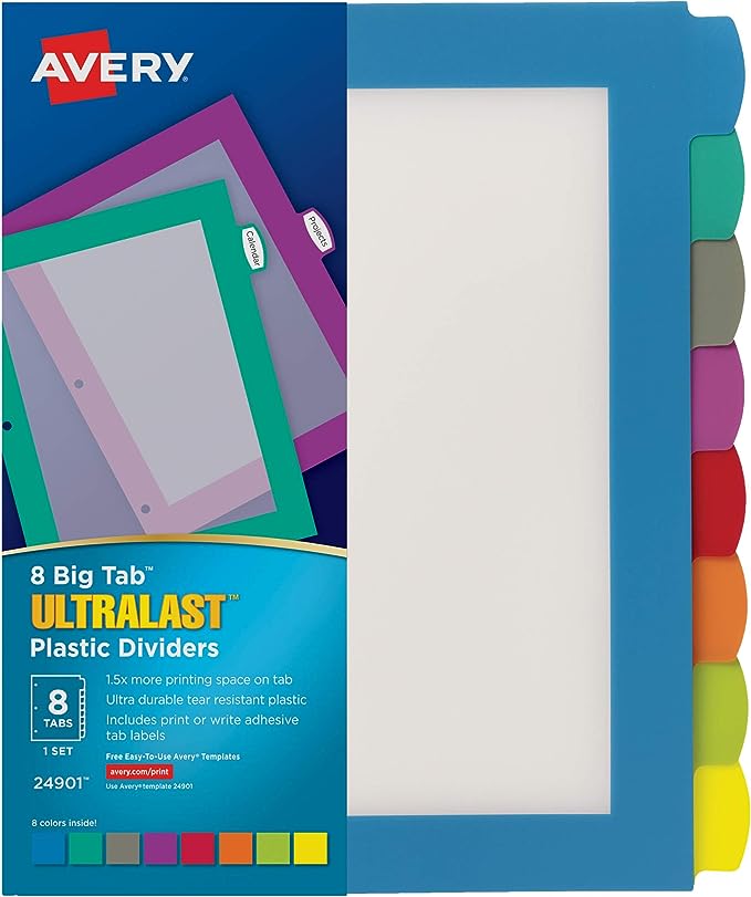 Separador plástico carta 8 divisiones AV 8 pestañas insertables, multicolor translúcido                                                                                                                                                                                                                  ERY   tecnología laser/inkjet            - AVERY