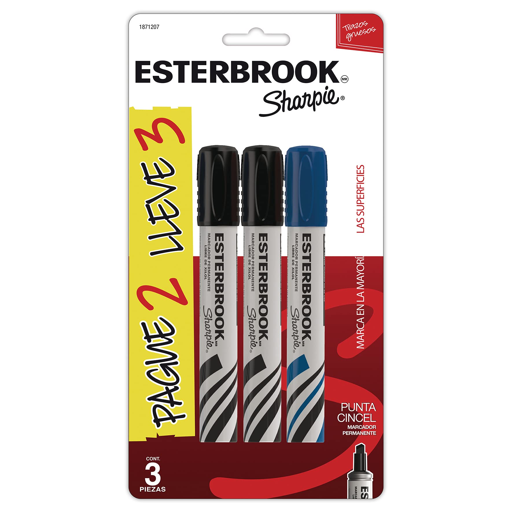 Marcador permanente Esterbrook blister c Marcador tinta permanente resistente al agua esterbrook 2 negros y un azul gratis, tinta color del barril, con cuerpo de aluminio punta cincel para hacer diferentes trazos en madera, vidrio, cartón, etc.                                                     on 2 marcadores negros + 1 marcador azul - 1871207