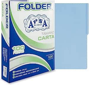 Folder azul intenso APSA tamaño carta  , Medidas 23.5 cm ancho x 29.5 cm largo, alta capacidad de almacenamiento, suaje lateral y superior para broche, guías laterales para dar dimensión y puntas redondeadas                                                                                          paquete con 100 piezas                   - APSA