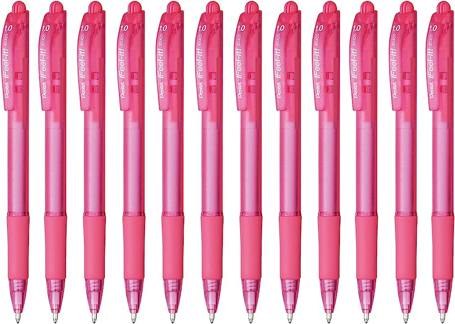 Bolígrafo Pentel ifeel-it, punta 1.0     Bolígrafo Pentel ifeel it, caja con 12 piezas, color rosa, retráctil, tinta de baja densidad que proporciona una suave escritura, con grip de goma y sin latex, punta metálica de 1.0 mm, el tono del cuerpo indica el color de la tinta                        color rosa, con 12 piezas                - BX420-P