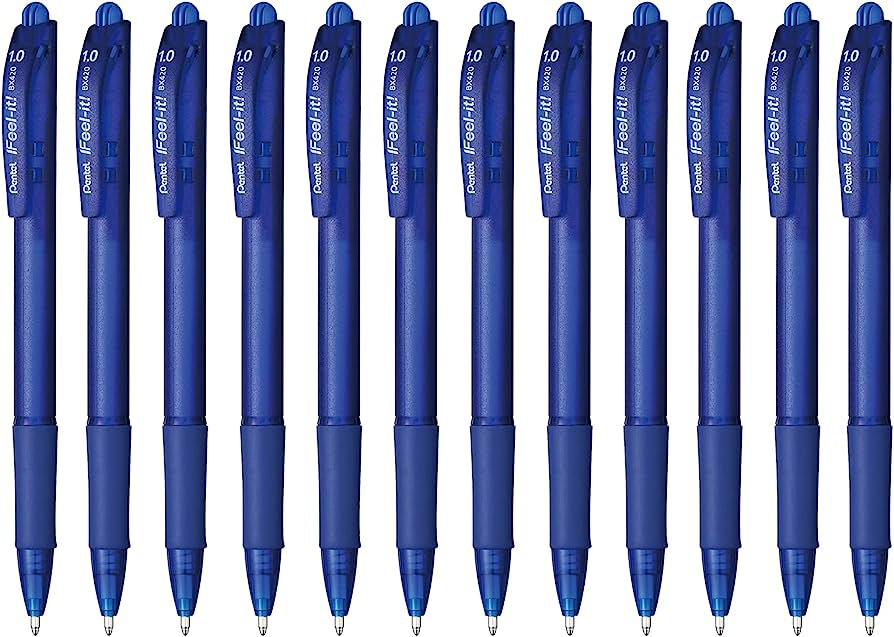 Bolígrafo Pentel ifeel-it, punta 1.0 mm, Bolígrafo Pentel retráctil ifeel-it color azul c/12, tinta de baja viscosidad, punta metálica de 1.0 mm, con grip sin latex c/12, proporciona una escritura suave y sin esfuerzo, de cuerpo fino - BX420-C