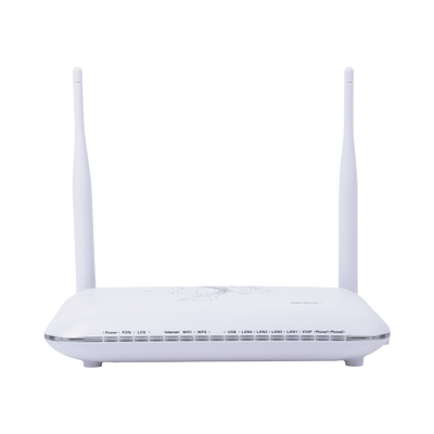ONU GPON, WiFi 2.4 GHz, MIMO 2X2, 4 Puertos Gigabit Ethernet, conector SC/UPC <br>  <strong>Código SAT:</strong> 43222637 - FIBERHOME
