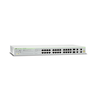 AT-FS750/28PS-10 WebSmart Switch, 24 puertos PoE+ 10/100 Mbps + 2 puertos 10/100/1000 Mbps + 2 SFP Gigabit Combo, 193 W <br>  <strong>Código SAT:</strong> 43222610