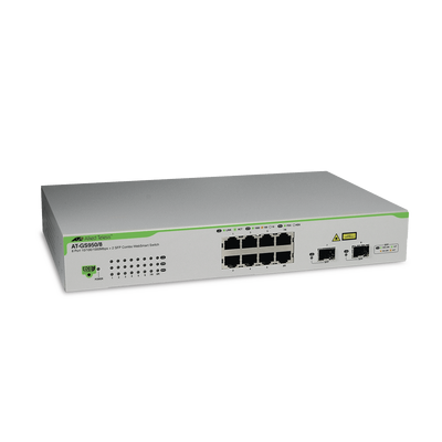 Switch Gigabit WebSmart de 8 puertos 10/100/1000 Mbps (2 x Combo) + 2 puertos gigabit SFP (Combo) <br>  <strong>Código SAT:</strong> 43222610 - AT-GS9508-10