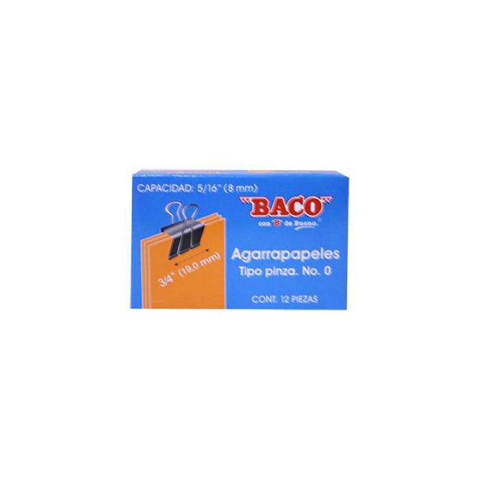 Broche Baco tipo pinza no.0, 1 caja con  Sujeta documentos 19mm de ancho. fabricados con muelle de acero, recubrimiento negro y pinzas niqueladas                                                                                                                                                        12 agarrapapeles                         - PTBRB0001