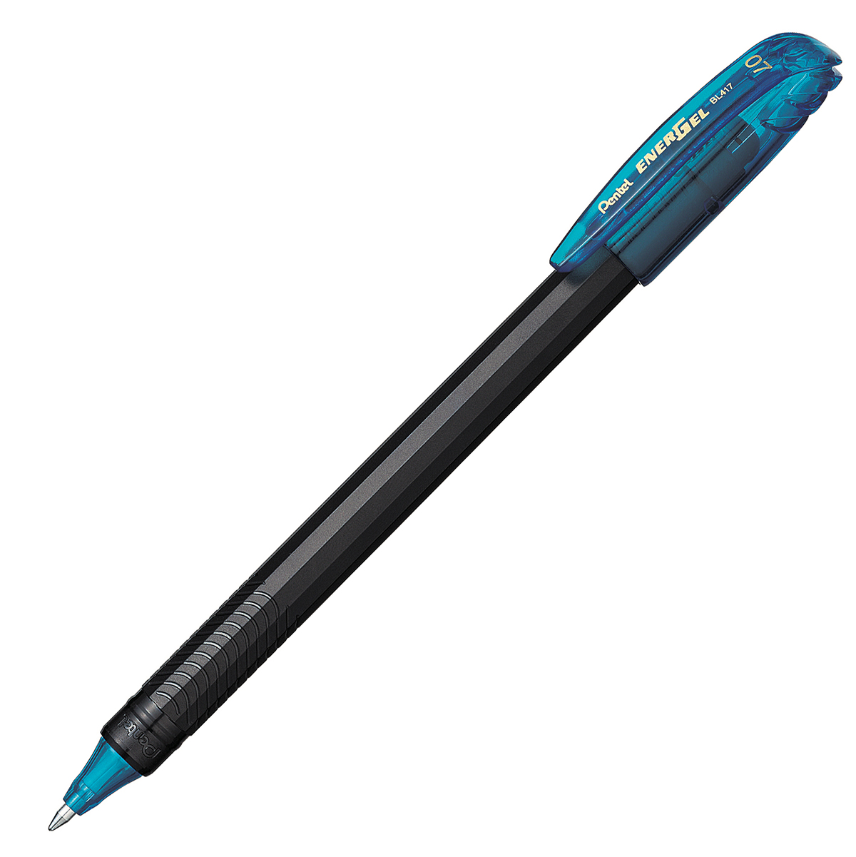 Bolígrafo Pentel energel stick, punto 0. Bolígrafo Pentel energel tinta gel color azul claro, 0.7 mm secado rápido, peso ligero con 12 lados, hecho de 62% material reciclado. la tapa indica el color de la tinta                                                                                       7mm (mediano), tinta azul claro, 1 pieza - BL417-S