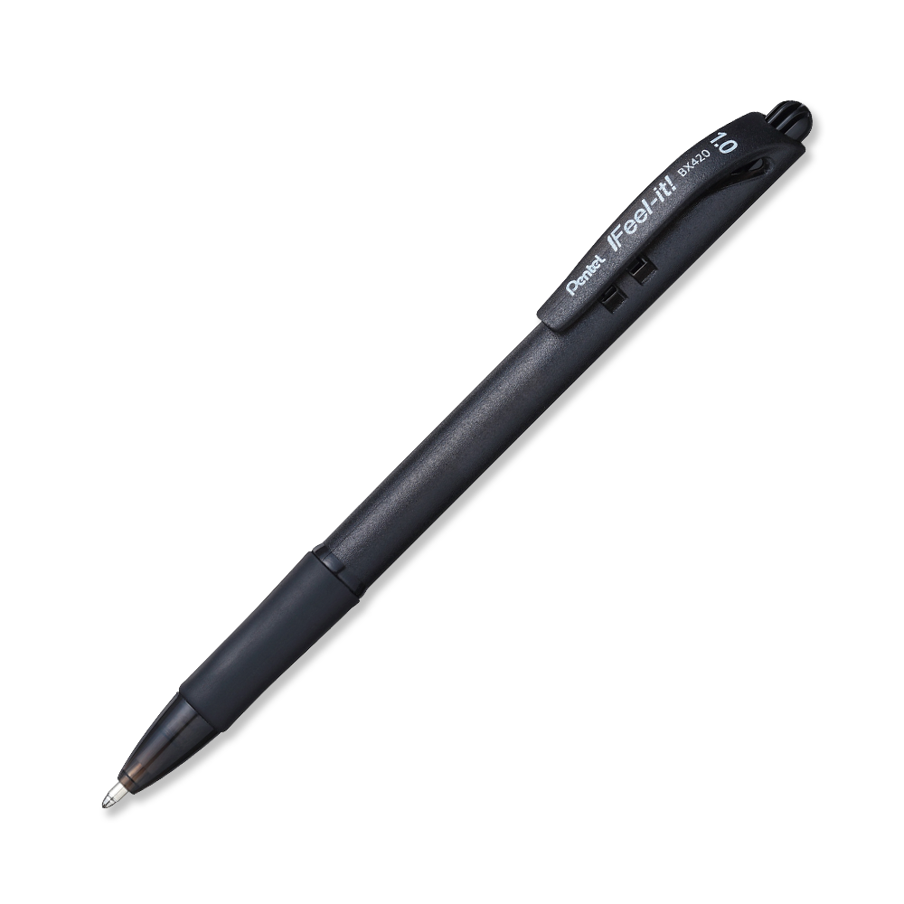 Bolígrafo Pentel ifeel-it, punta 1.0 mm, Bolígrafo Pentel retráctil ifeel-it color negro c/12, tinta de baja viscosidad, punta metálica de 1.0 mm, con grip sin latex c/12, proporciona una escritura suave y sin esfuerzo, de cuerpo fino                                                               color negro, con 12 piezas               - BX420-A