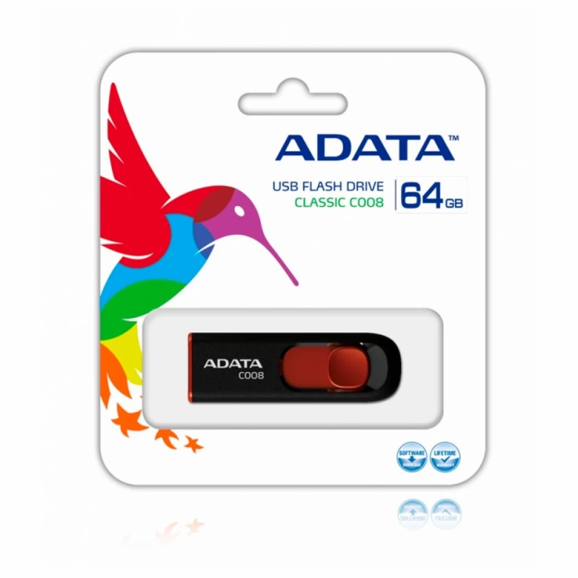 MEMORIA FLASH ADATA C008 64GB USB 2.0 NEGRO/ROJO - C008BK-64GB