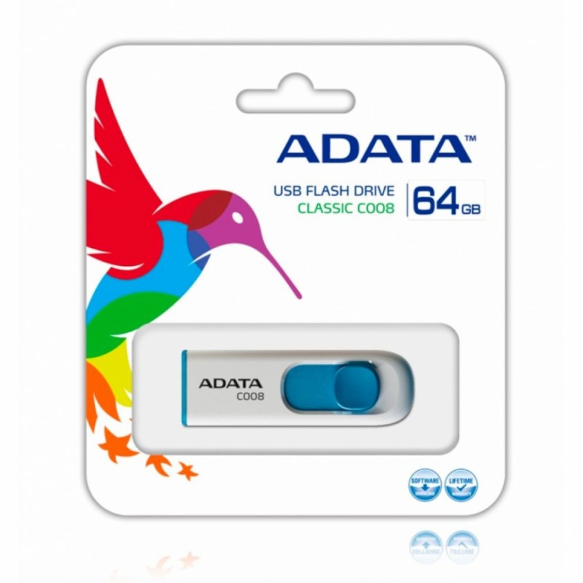 MEMORIA FLASH ADATA C008 64GB USB 2.0 BLANCO/AZUL RETRACTIL - C008W-64GB