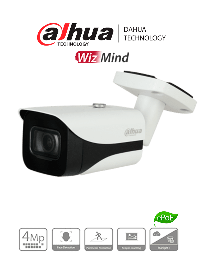 Dahua IPC-HFW5442E-SE - Camara IP bullet/ 4 megapixeles/ Wizmind/ Lente fijo 6mm / Proteccion Perimetral/ Reconocimiento Facial/ Led IR de 50 m/ WDr/ 3D NR/ IP67 - DH-IPC-HFW5442EN-SE