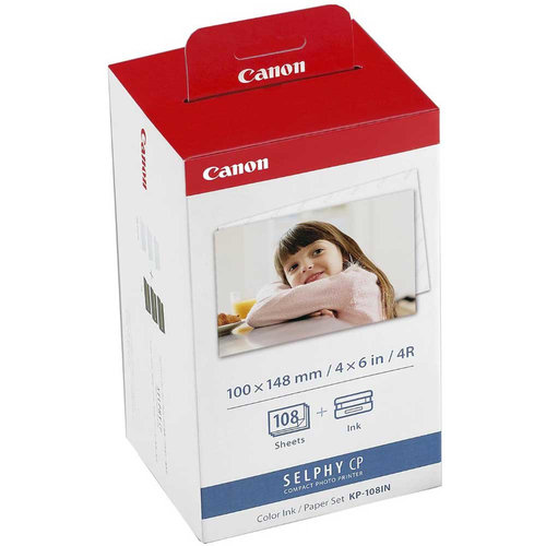 Kit Canon papel KP-108IN + tinta color   Kit de consumibles para impresora digital de sublimación de tinta: Tinta Color y Papel KP-108IN. Producto compatible con SELPHYCP800, SELPHYCP900 y CP1200.                                                                                                     .                                        - CANON